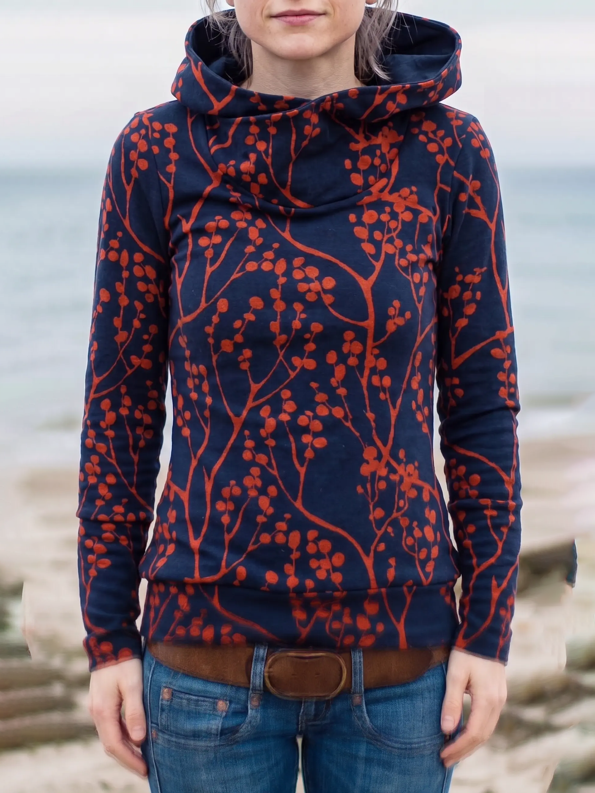 Branch Print Cowl Neck Hooded Top