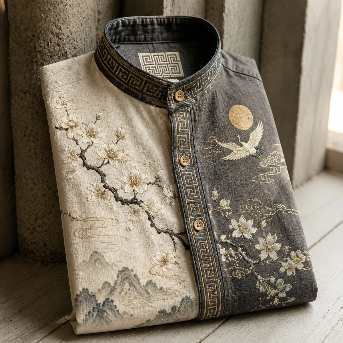 Men's Retro Crane & Plum Blossom Oriental Style Print Casual Shirt