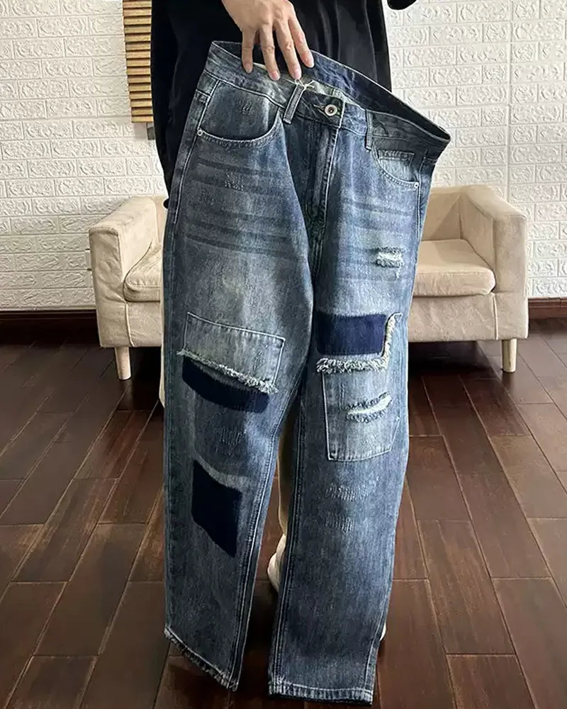 Vintage Faded©\Wash Denim Patchwork Distressed Jeans
