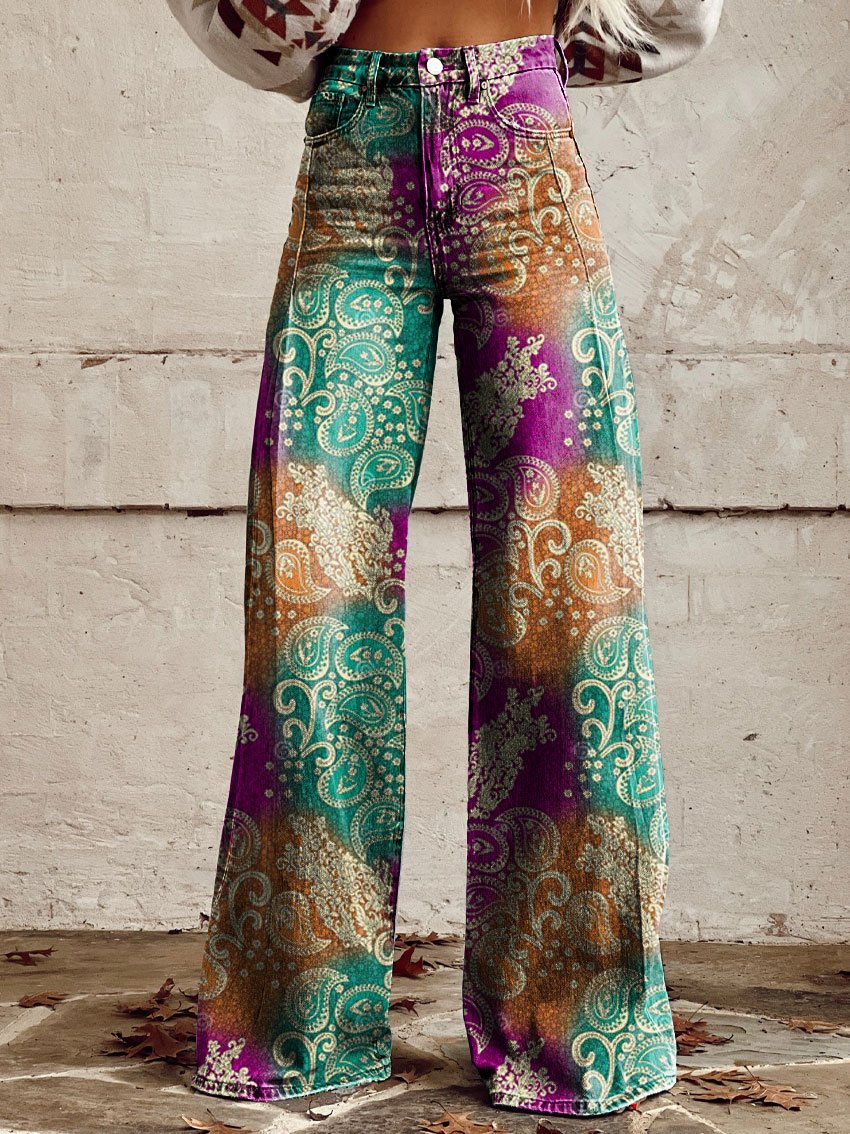 Women's Vintage Print Casual Wide Leg Pants