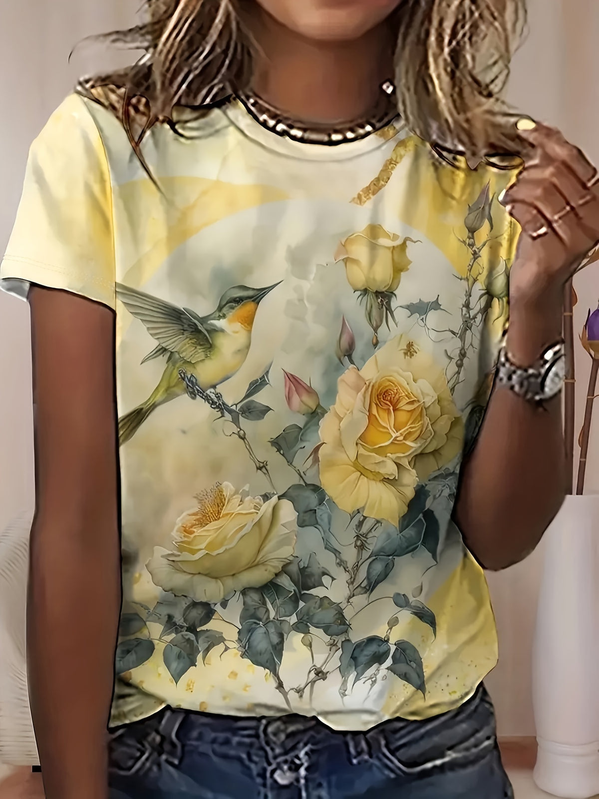 Floral & Bird Print T-shirt, Casual Short Sleeve Crew Neck Top, Women's Clothing