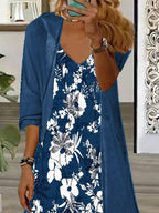 Women's Long Sleeve V-neck Graphic Printed Two Pieces Maxi Dress