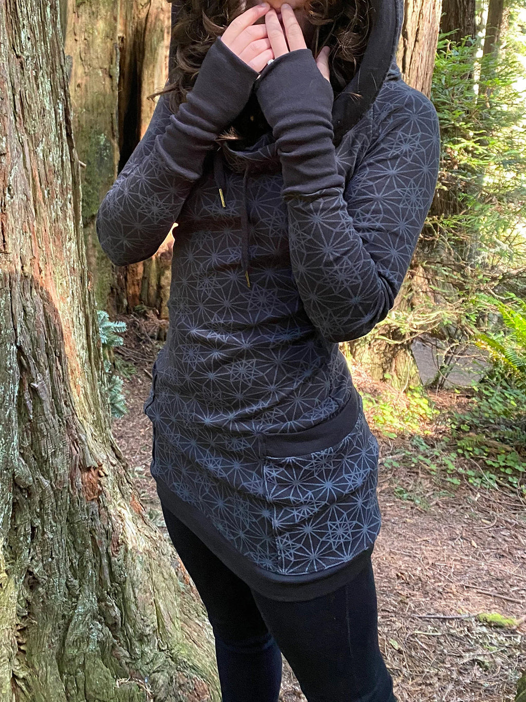 Fitted Sacred Geometry Cowl Hood Long Sleeve Mini Dress with Pockets and Thumbhole Cuffs