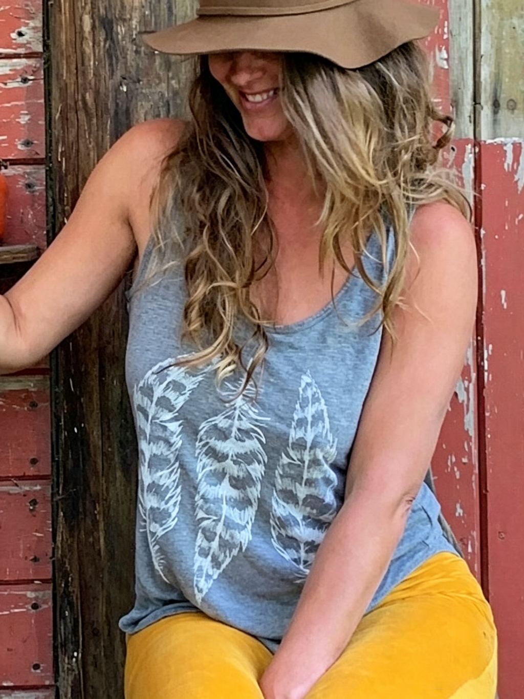 Asymmetric Tank Top with Hand-Painted Feather Pattern