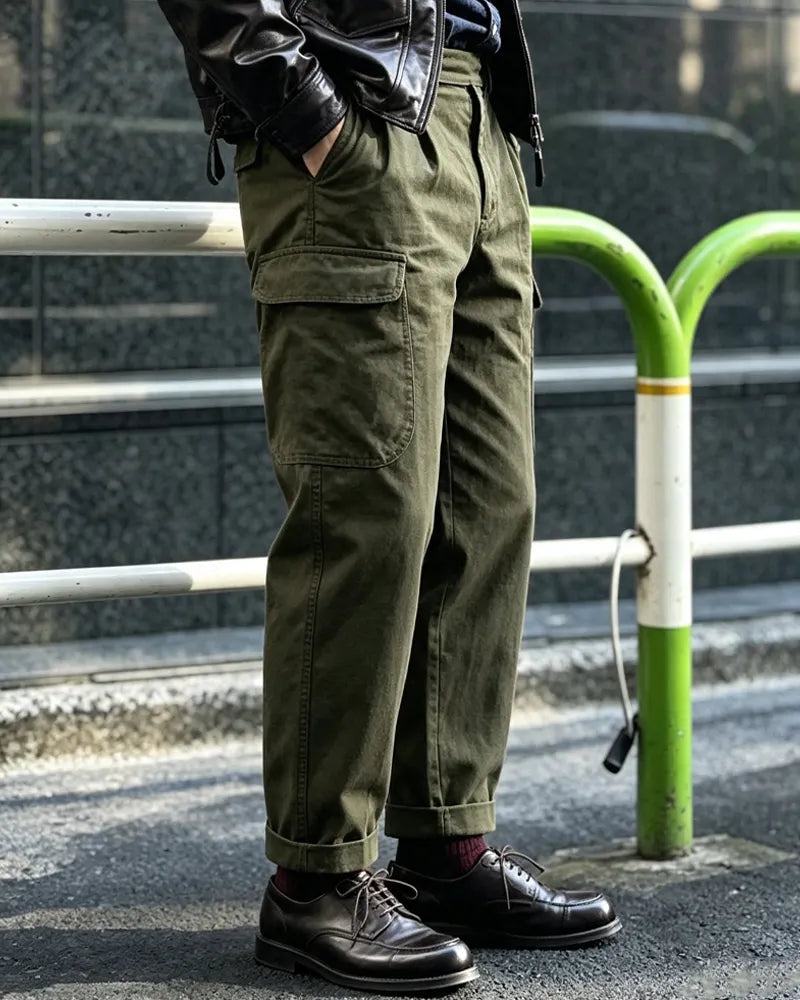 Vintage Olive Green Pleated High©\Rise Tapered Military Cargo Trousers