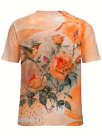 Floral & Bird Print T-shirt, Casual Short Sleeve Crew Neck Top, Women's Clothing