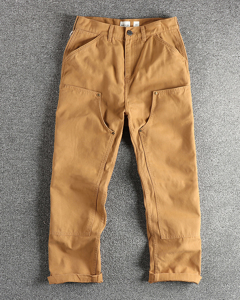 Vintage Olive Green Double Knee Carpenter Workwear Straight Leg Canvas Pants