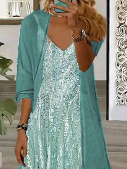 Women's Long Sleeve V-neck Graphic Printed Two Pieces Maxi Dress