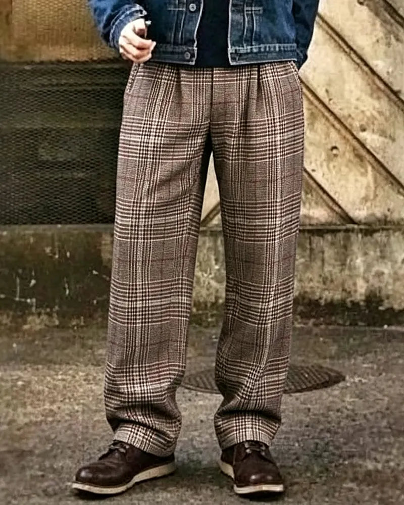 Vintage Brown Windowpane Plaid Wide©\Leg Trousers