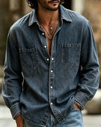 Vintage Contrast Stitch Dual Pocket Loose Long Sleeve Denim Shirt