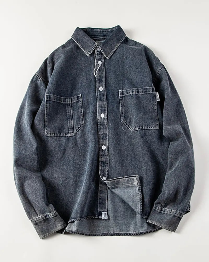 Vintage Contrast Stitch Dual Pocket Loose Long Sleeve Denim Shirt