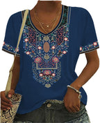 Fashion Pullover V Neck Loose Ethnic Style Printed Short-sleeved T-shirt