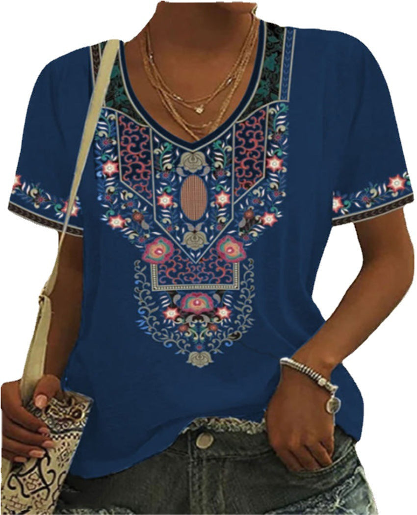Fashion Pullover V Neck Loose Ethnic Style Printed Short-sleeved T-shirt