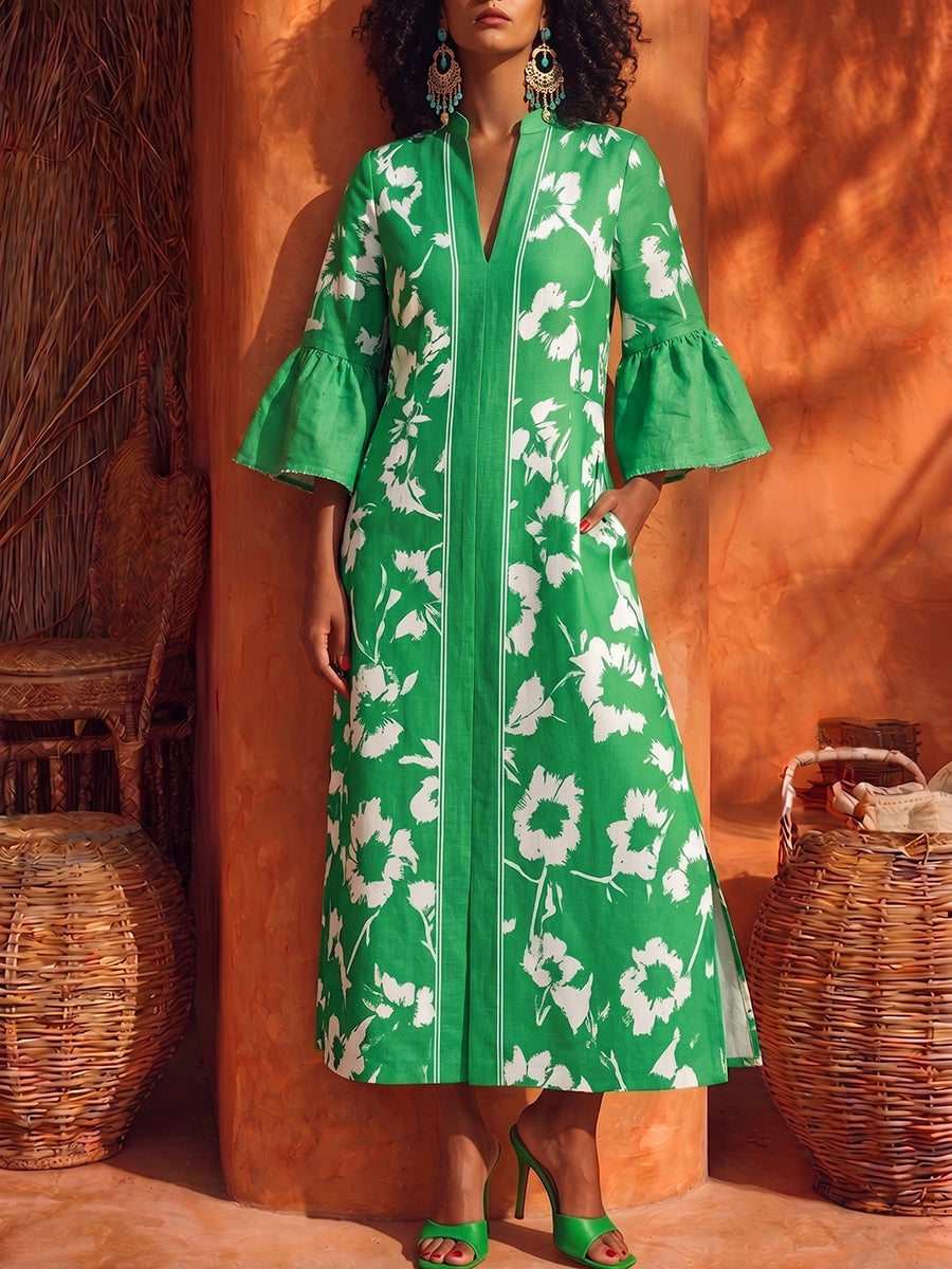 Elegant Vacation Floral Print Cotton-linen Dress