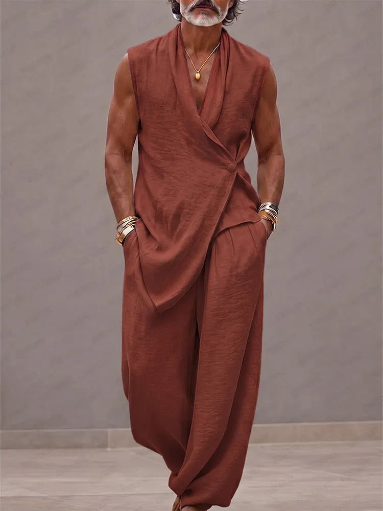 Casual 100% Cotton Back-Belt Vest and Loose Jogger Set