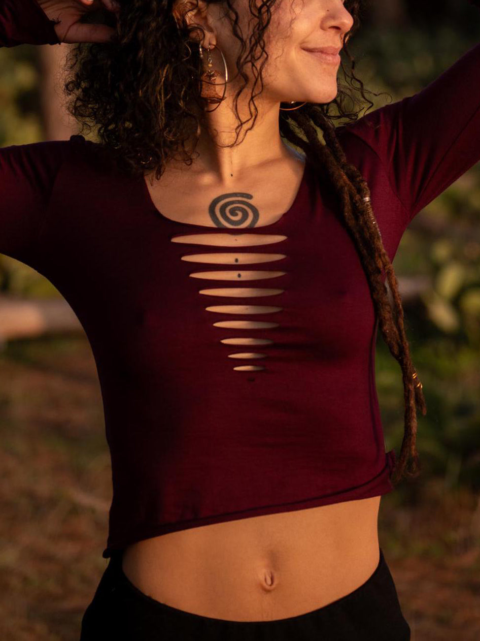 Boho Macrame Strappy Back Crop Top - Long Sleeve Cut-Out Festival Top