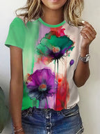 Women's Floral Print T-shirt - Casual Short Sleeve Crew Neck Top for Spring & Summer