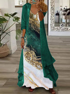 Women's Long Sleeve V-neck Graphic Printed Two Pieces Maxi Dress