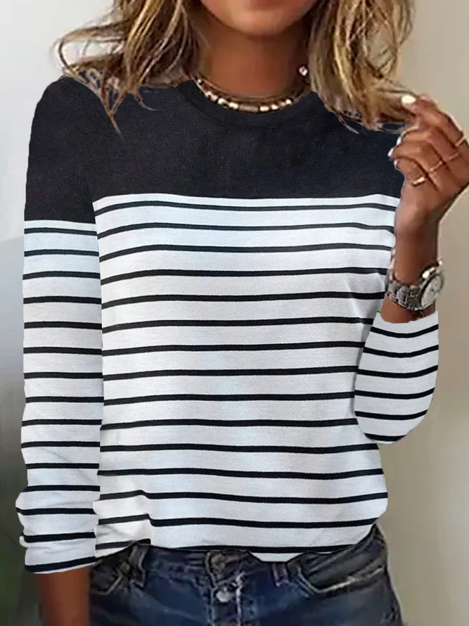 Women's Fashion Casual Striped Printed Loose O-Neck Long Sleeve Pullover T-Shirt