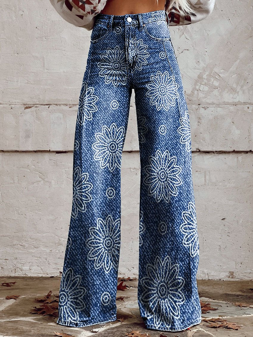 Women's Vintage Flower Print Casual Wide Leg Pants