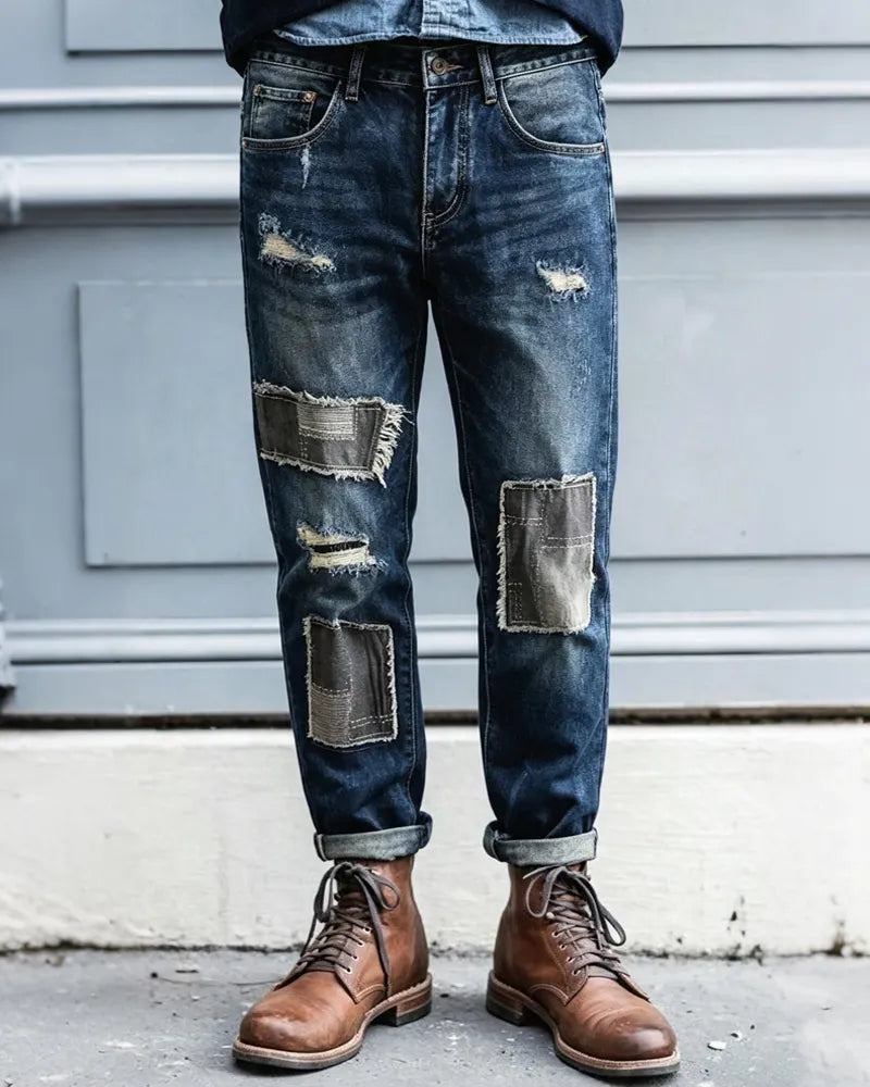 Vintage Frayed Patchwork Distressed Relaxed Tapered Denim Jeans