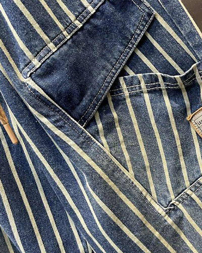 Vintage Loose Elastic Waist Vertical Stripe Baggy Casual Denim Harem Pants