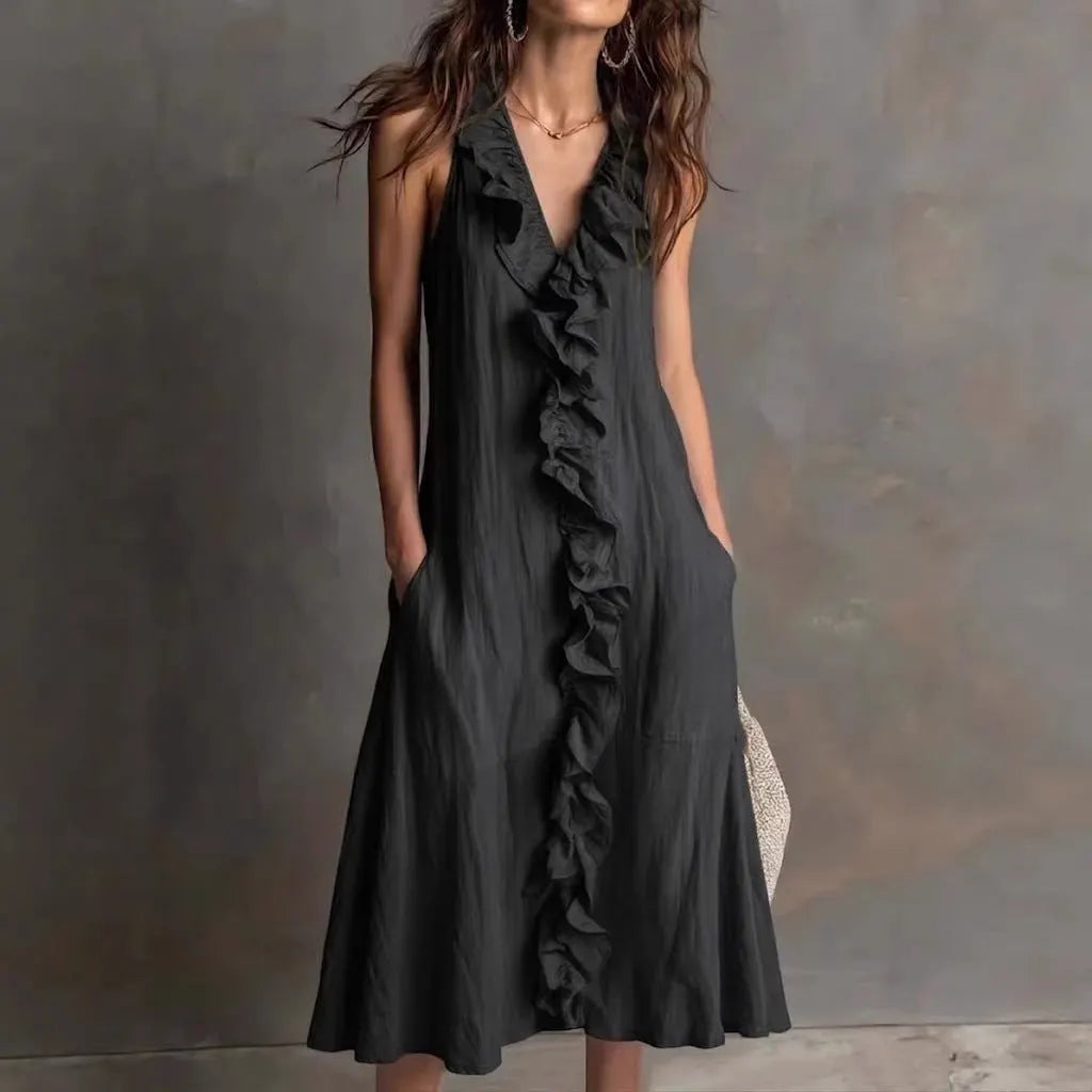 🌿 Ruffle V-Neck Sleeveless Midi Dress