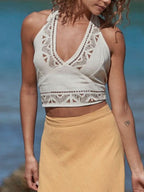 Bohemian Deep V Halter Neck Ethnic Print Cropped Top