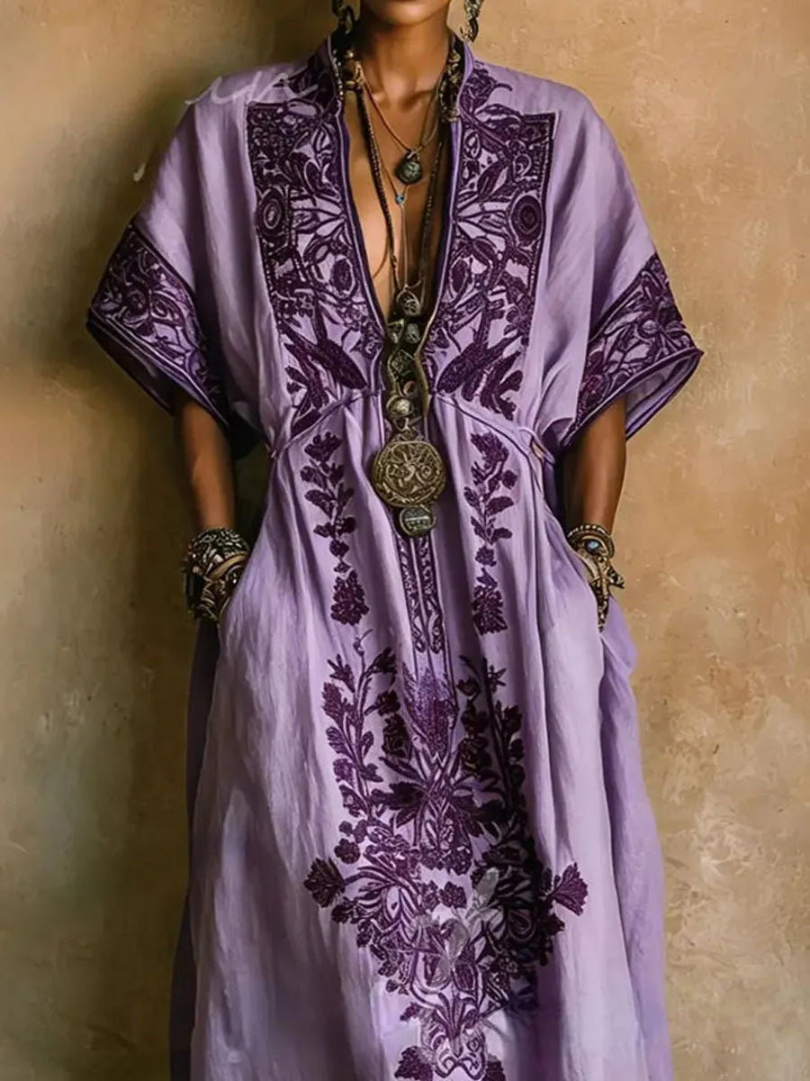 Women's Long Cotton-linen Dress With Embroidered Pattern Print