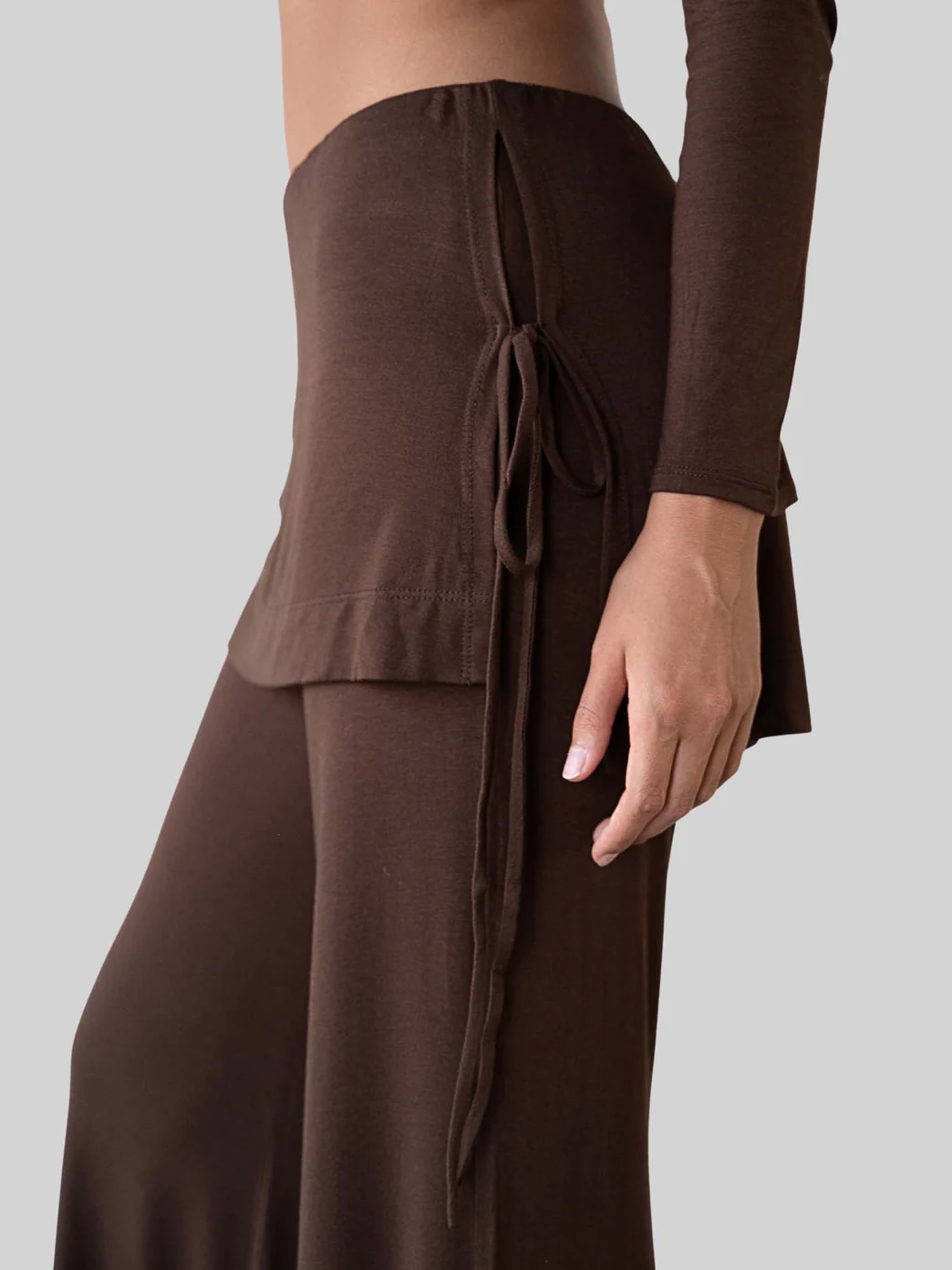 Faux Two-Piece Skirt-Waistband Wide Leg Pants with Dual Adjustable Side Ties and Draped Flow