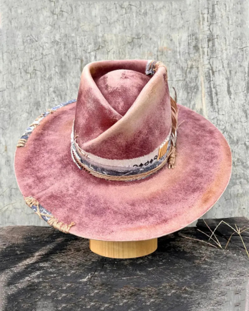 Vintage  Hand©\Distressed Artisan Decorated Wide©\Brim Western Fedora Hat