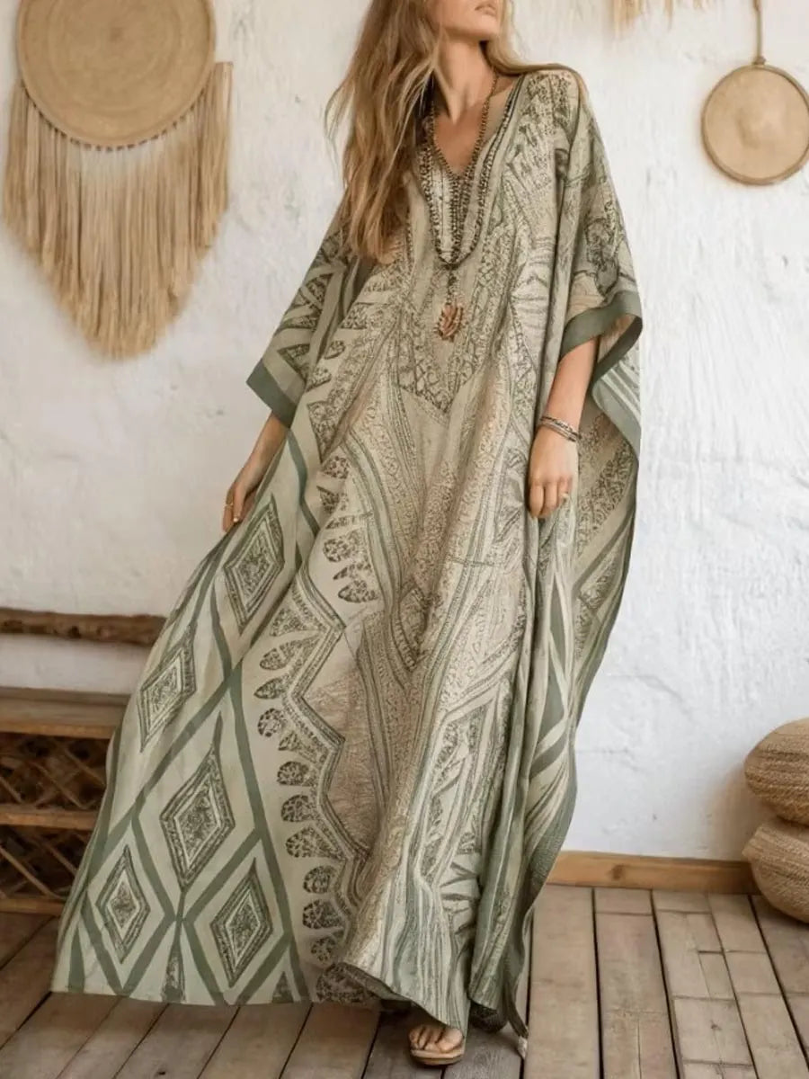 Women's Retro Geometric Print V-neck 3/4-sleeve Casual Loose Cotton-linen Dress