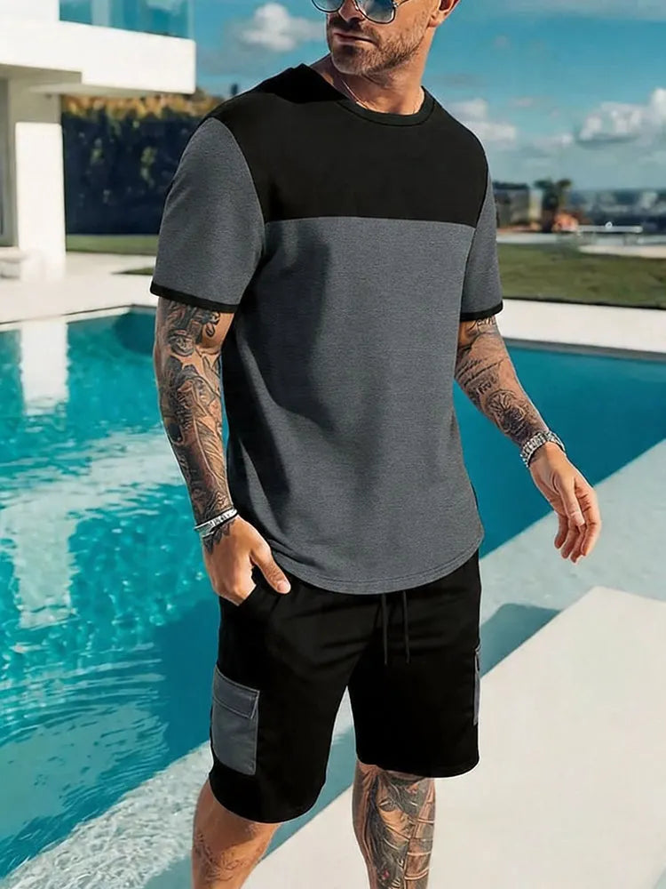Casual Sporty Colorblock T-Shirt and Shorts Set