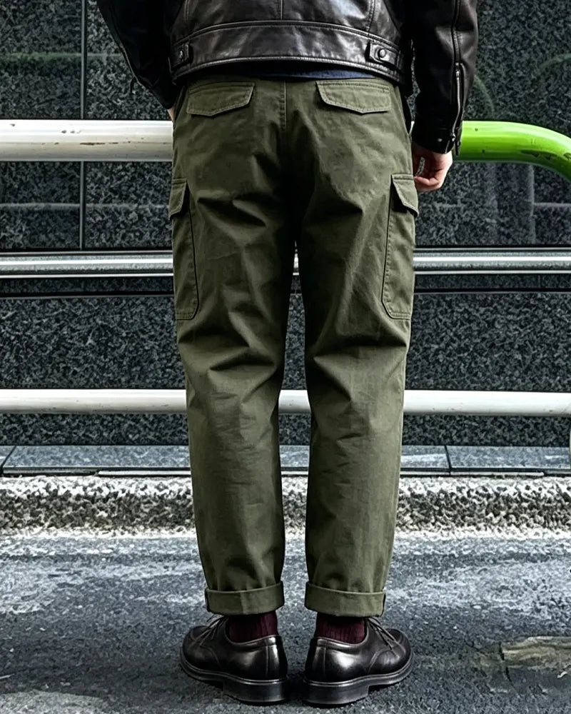 Vintage Olive Green Pleated High©\Rise Tapered Military Cargo Trousers