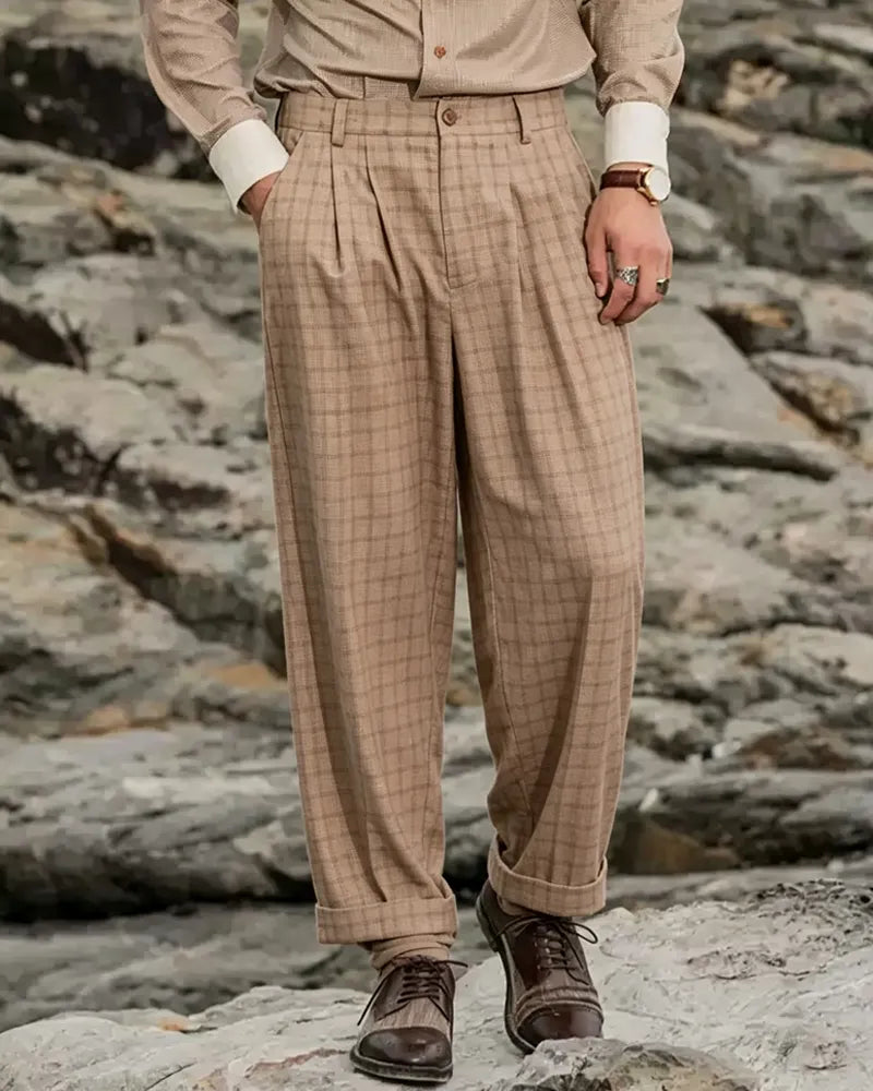 Vintage Brown Plaid Wide-leg Casual Pants