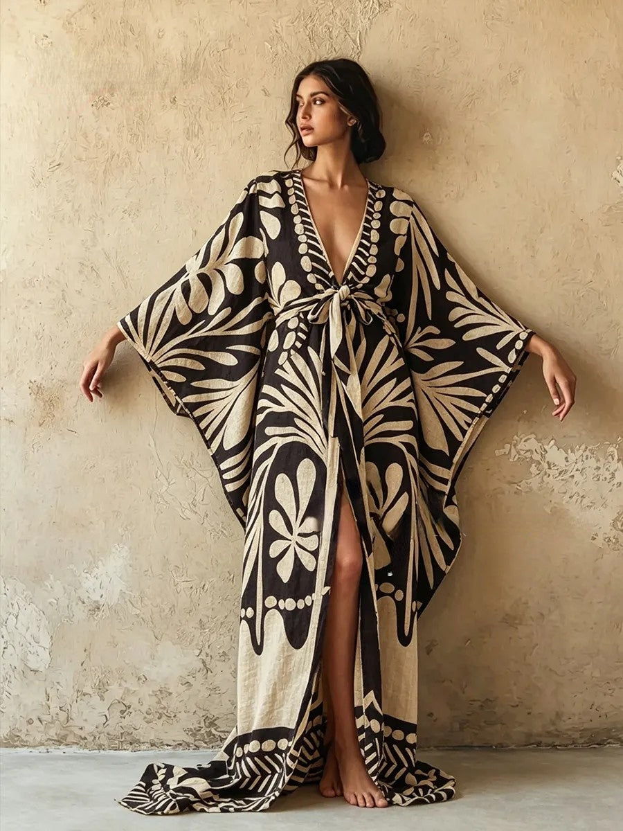 Women's Bohemian-Print Cotton-Linen Vacation Robe