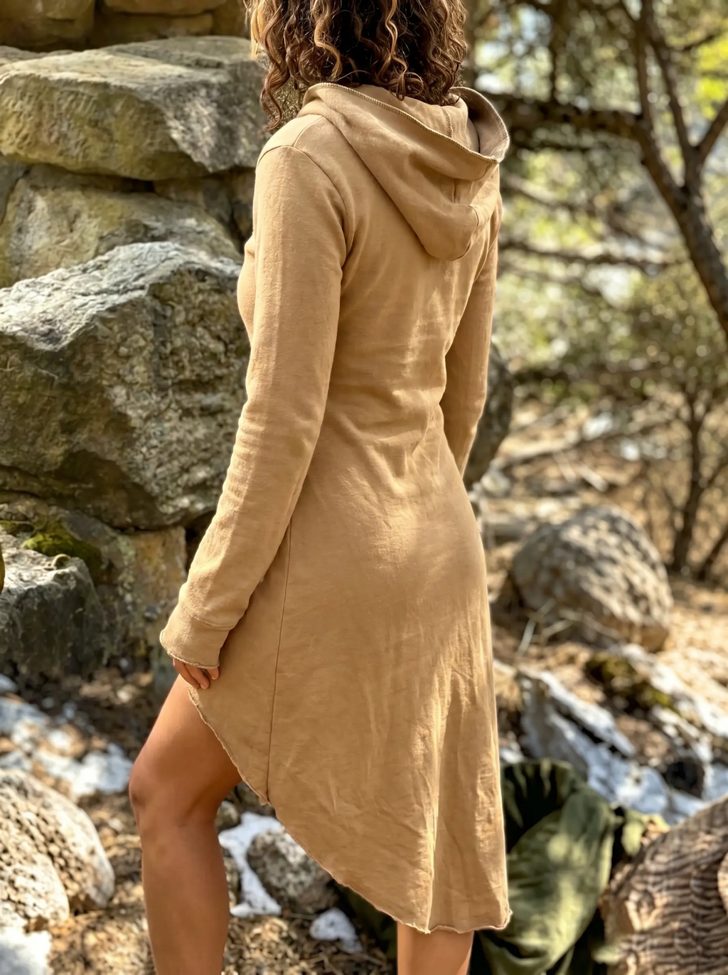 Asymmetric Hem Hooded Dress with Long Sleeves