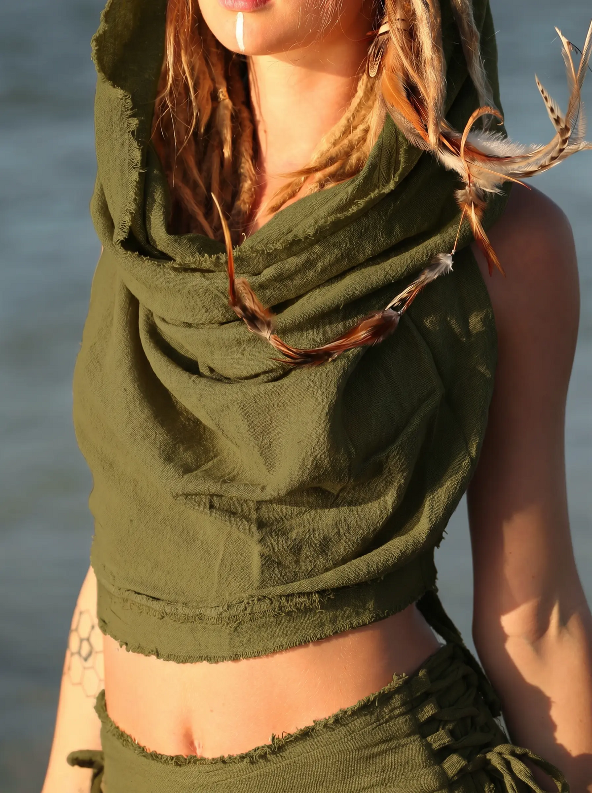 Festival Natural Cotton Hooded Top, Backless Boho Pixie Clothing