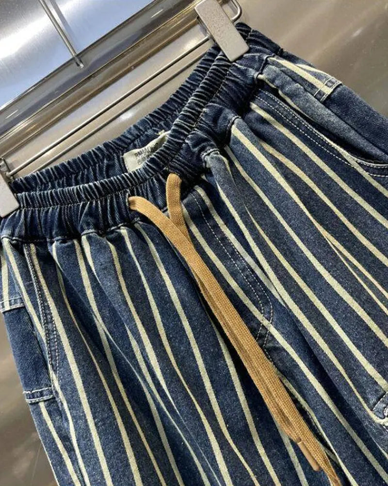 Vintage Loose Elastic Waist Vertical Stripe Baggy Casual Denim Harem Pants