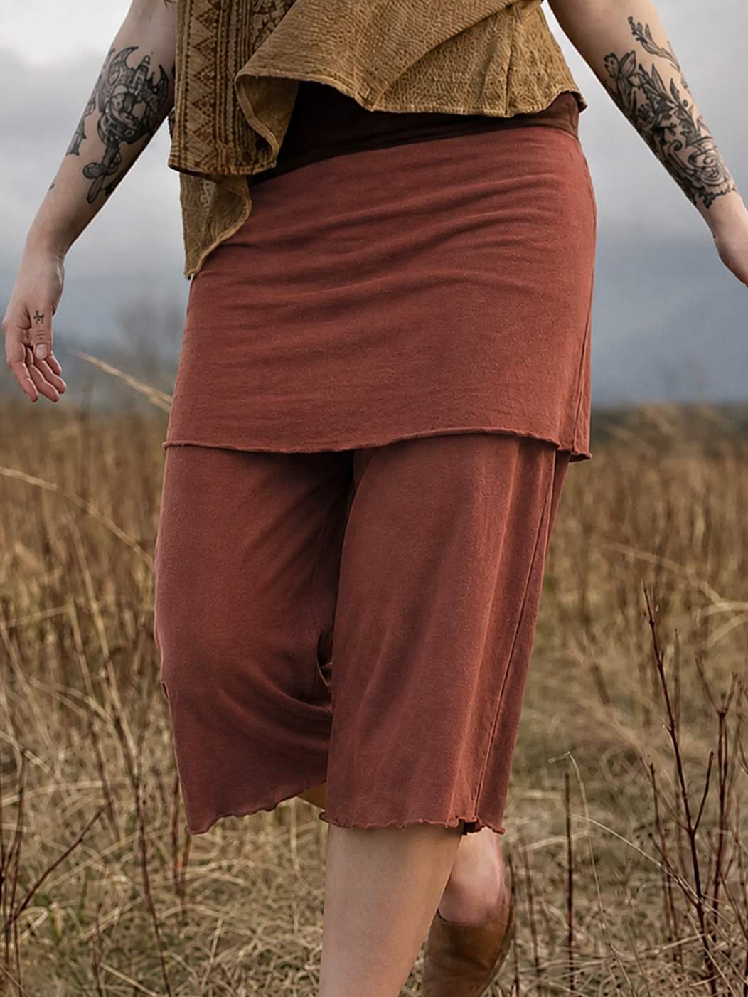 Faux Two-Piece Skirt-Leg Cropped Pants