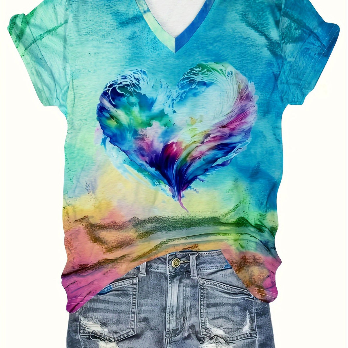 Heart Print V Neck T-Shirt, Casual Short Sleeve T-Shirt For Summer, Women's Clothing