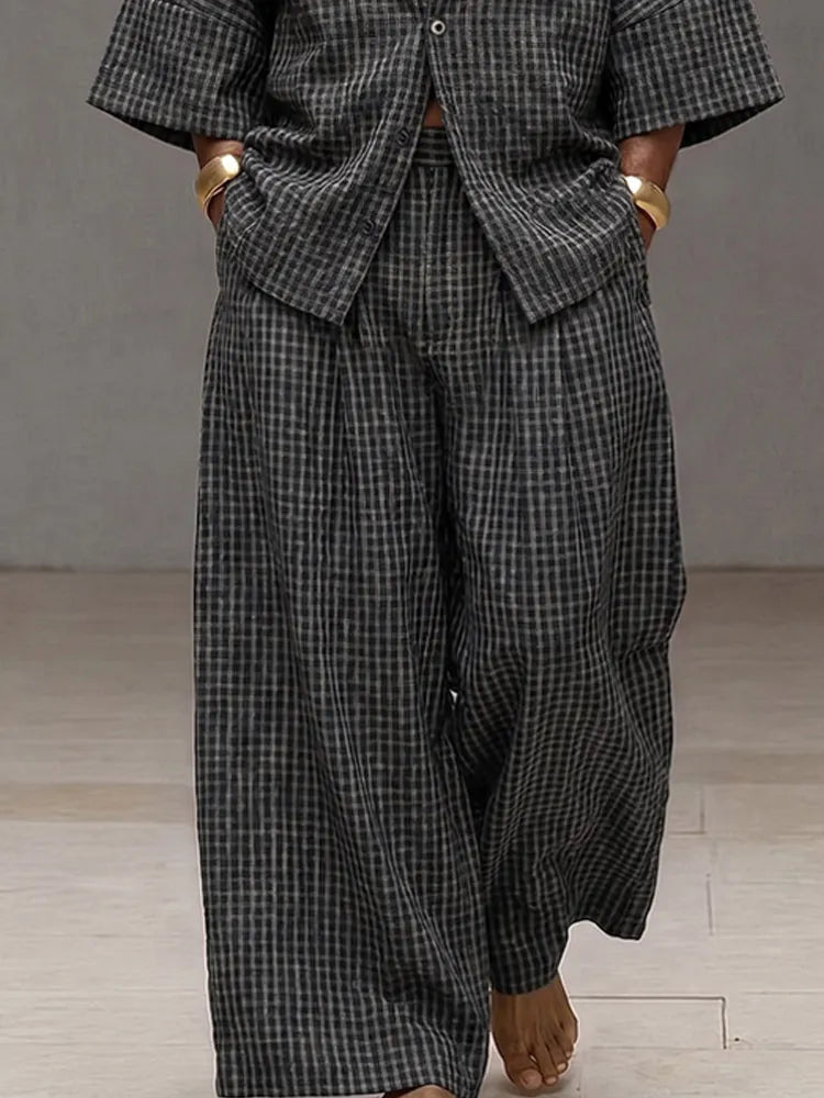 Vintage Loose Plaid Shirt and Wide-Leg Pants Set