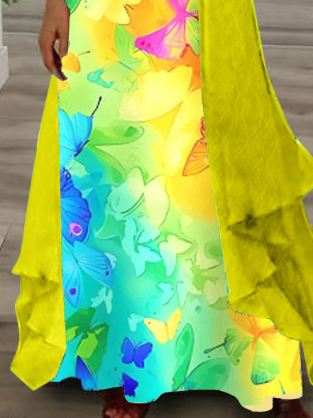 Women's Long Sleeve V-neck Colorblock Graphic Printed Two Pieces Maxi Dress