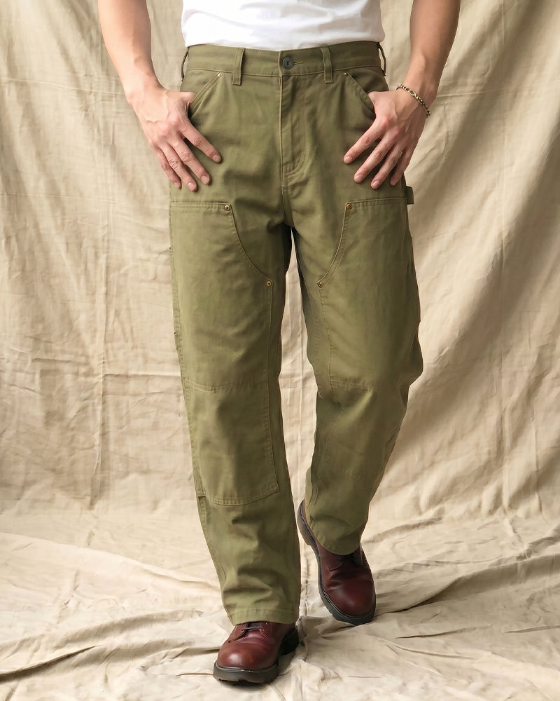 Vintage Olive Green Double Knee Carpenter Workwear Straight Leg Canvas Pants