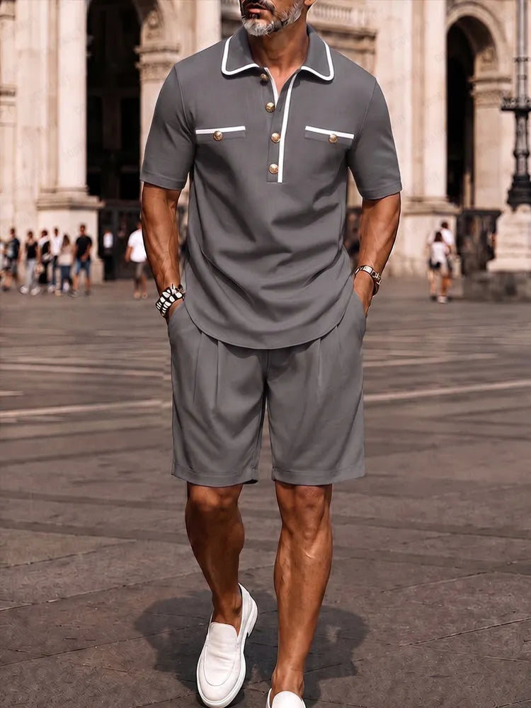 Elegant Contrast Trim Polo Shirt Shorts Set