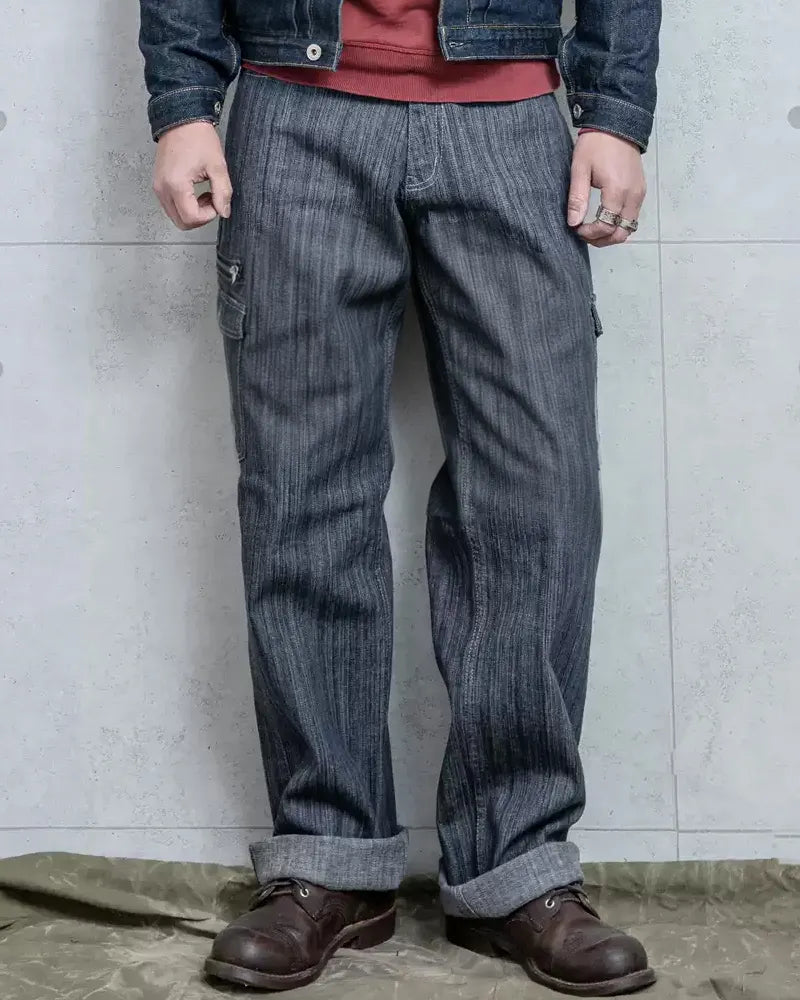 Vintage Striped Textured Denim Cargo Pants