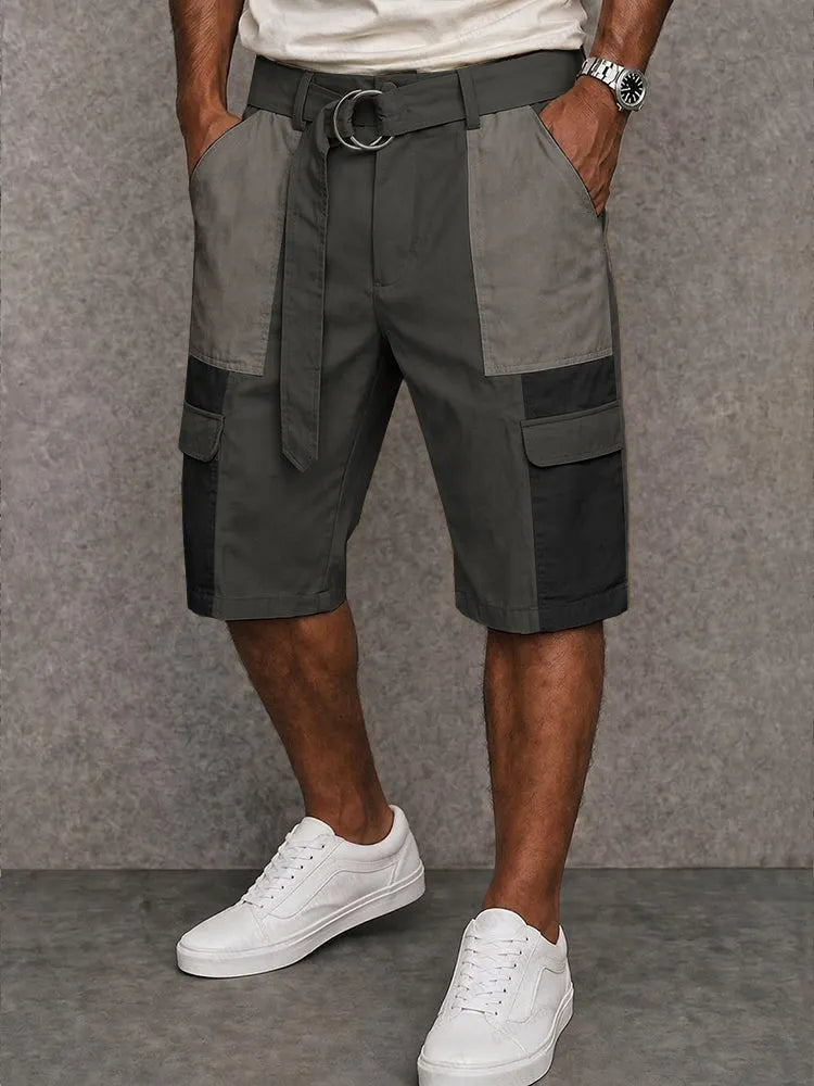 Trendy 100% Cotton Colorblock Belted Cargo Shorts