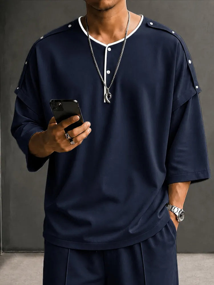 Casual Contrast Button Detail Henley T-Shirt