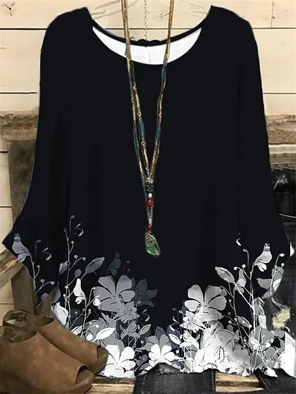 Flower Printing Fashion Casual Elegant Top Round Neck Long Sleeve T-Shirts