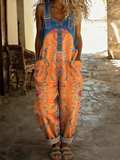 Women's Retro Ethnic Art Print Casual Sleeveless Denim Patchwork Jumpsuit